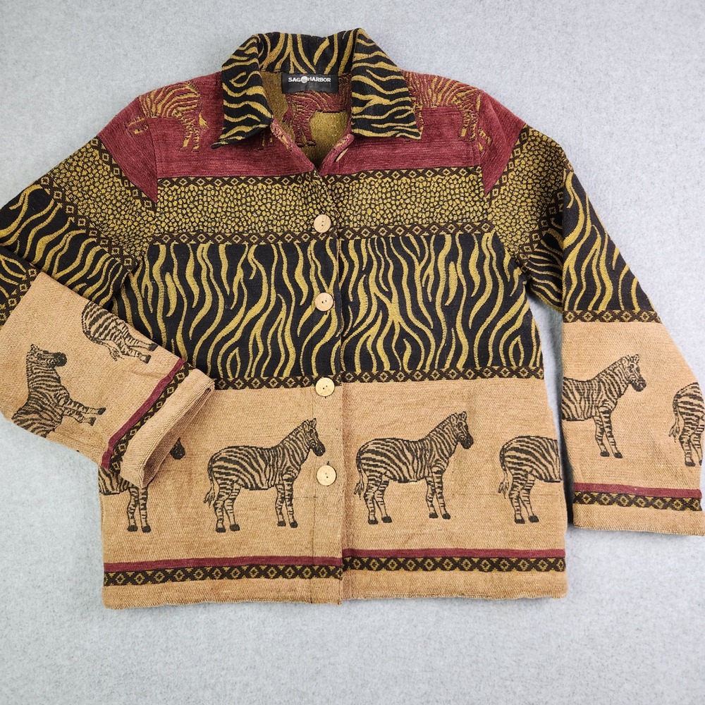 Sag Harbor Jacket Women L Multicolor Zebra Tapestry Animal Collared Button Front